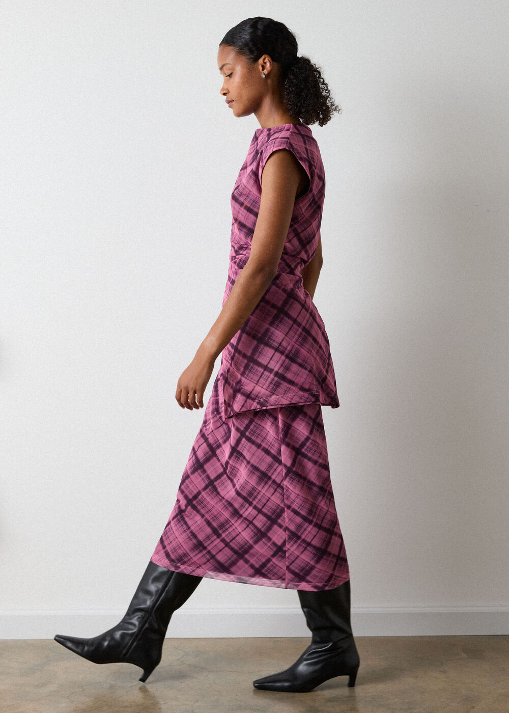 Check Mesh Midi Dress