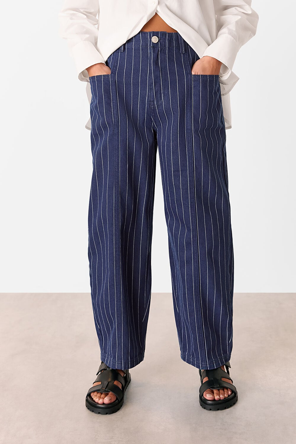 Navy Petite Pinstripe Barrel Leg Jean