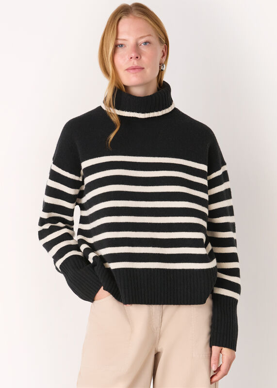 Black Stripe Wool Roll Neck