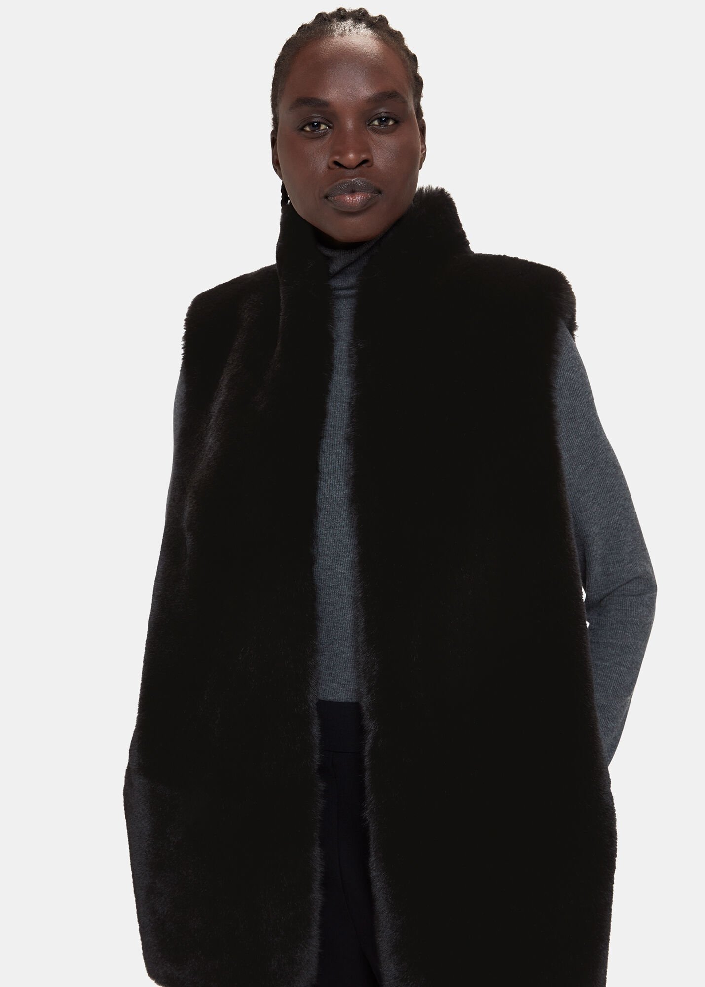 Long black fur gilet online