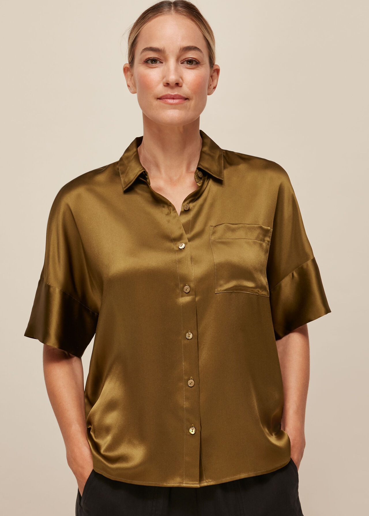 Maak plaats Bron kathedraal Olive Relaxed Silk Satin Shirt | WHISTLES 