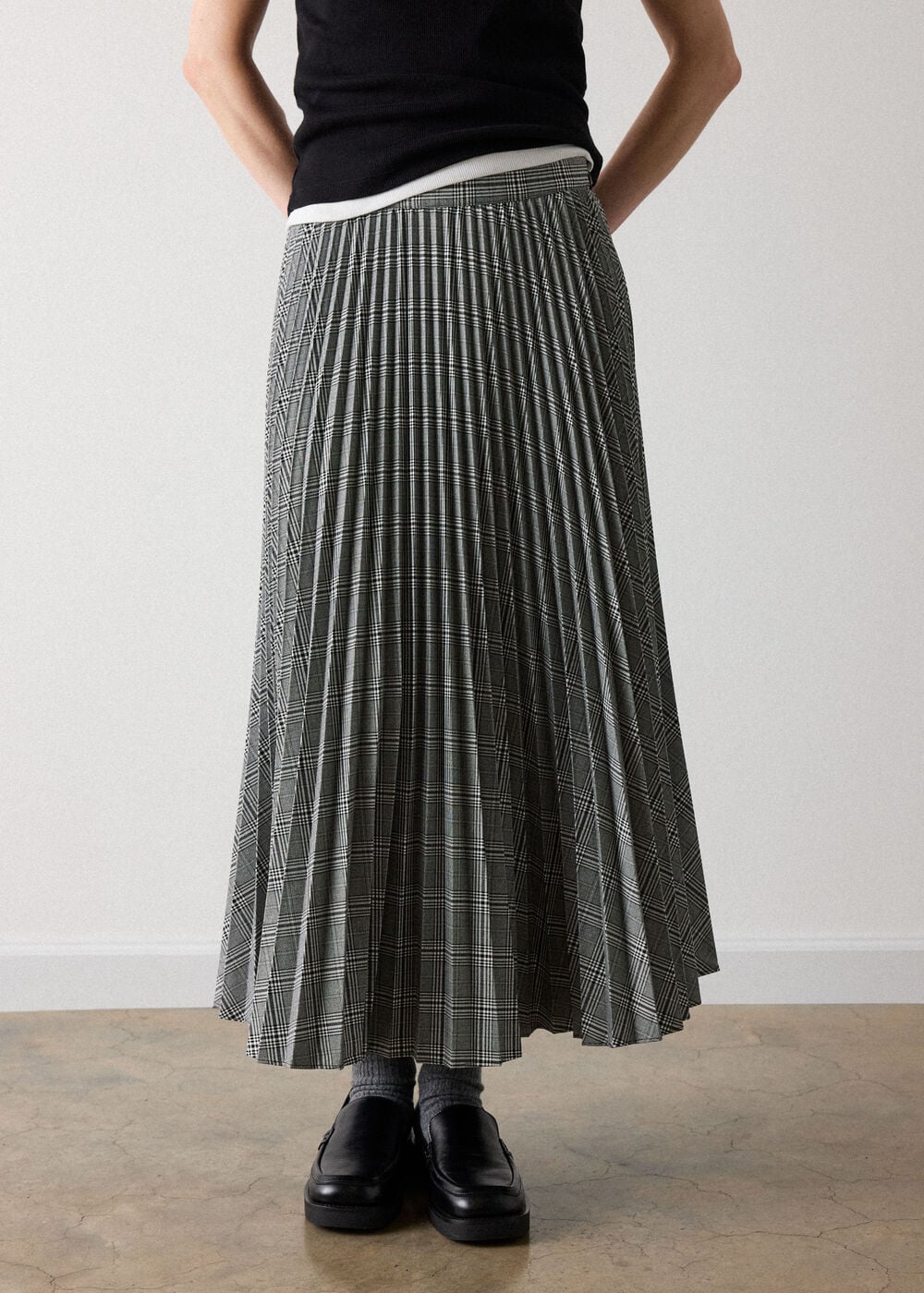 Grey Check Pleated Midi Skirt