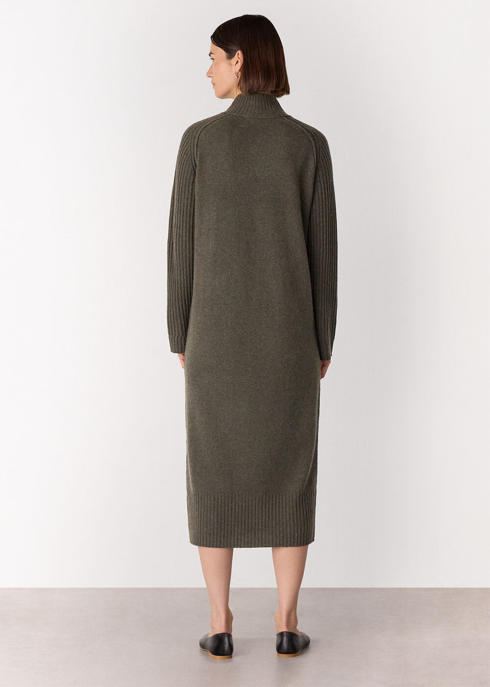 Funnel Neck Wool Midi Dress
