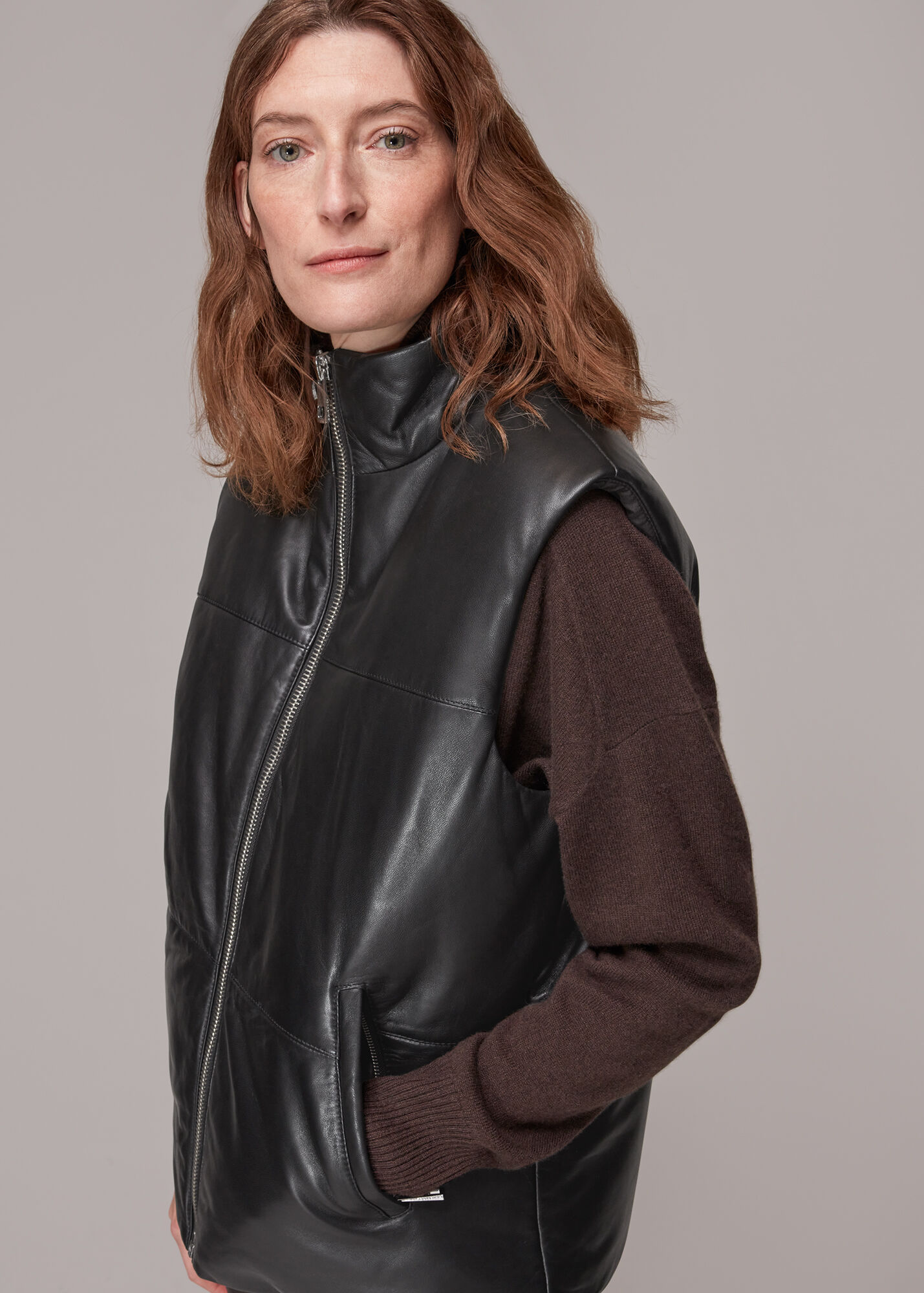 Black Leather Puffer Quilted Gilet WHISTLES Whistles UK