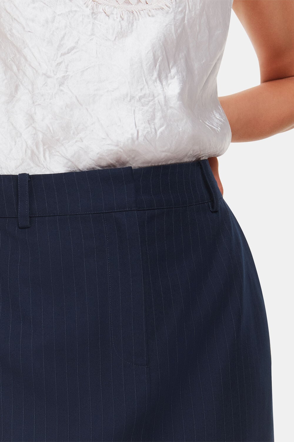 Navy Pinstripe Tailored Midi Skirt