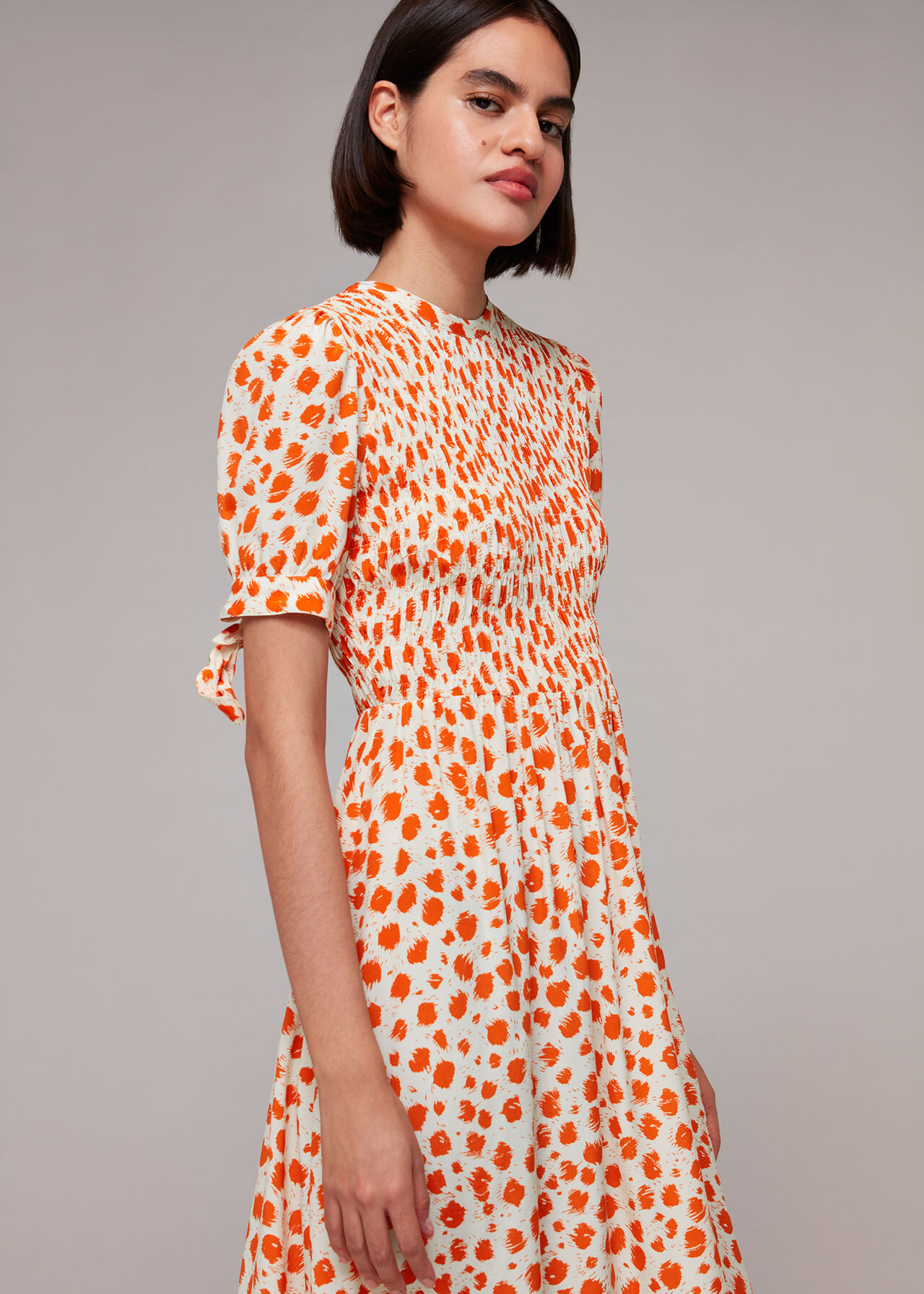 Orange/Multi Spot Shirred Midi Dress | WHISTLES | Whistles ROW