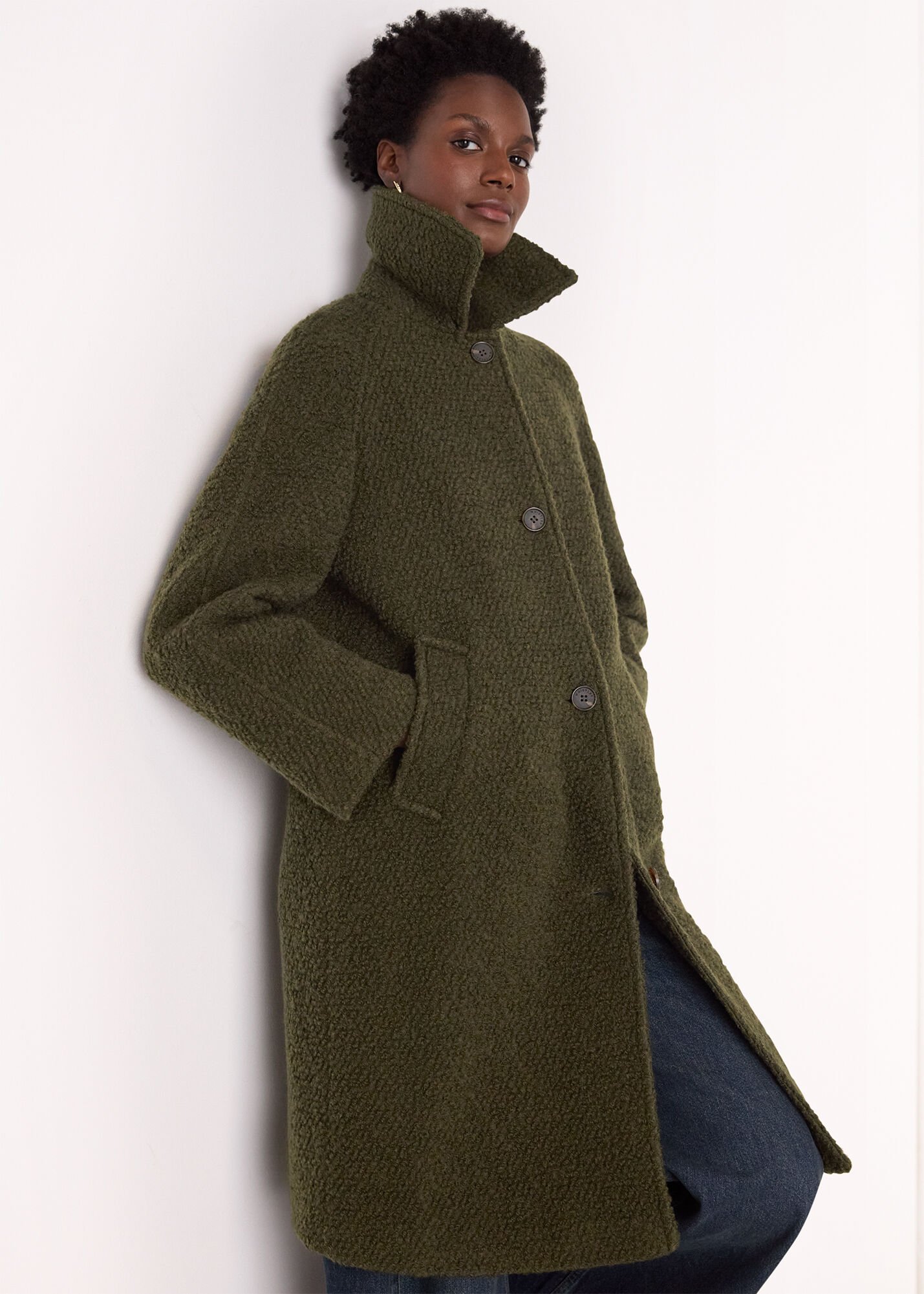 Khaki Romy Boucle Coat | WHISTLES | Whistles US |