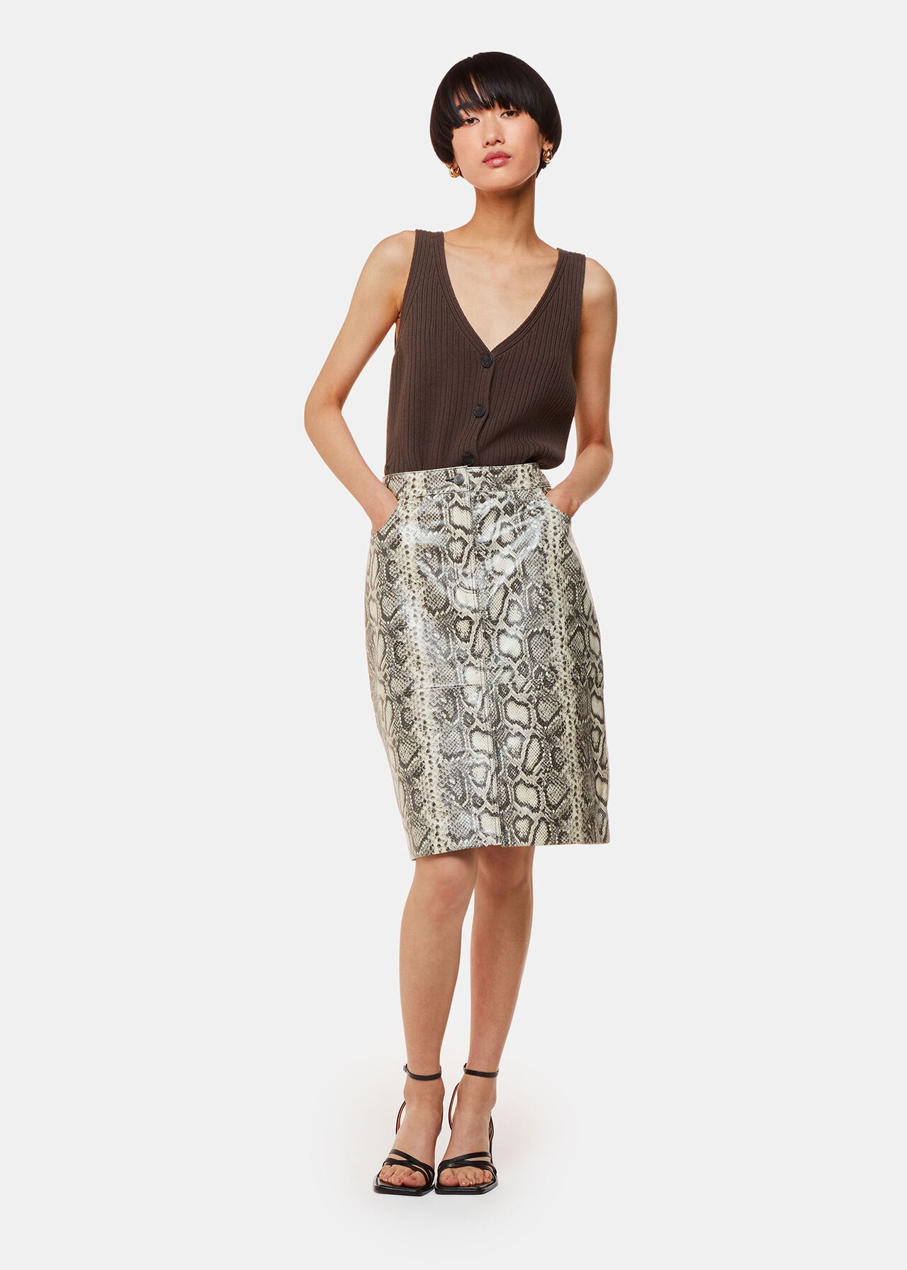 Snake Skin Leather Midi Skirt