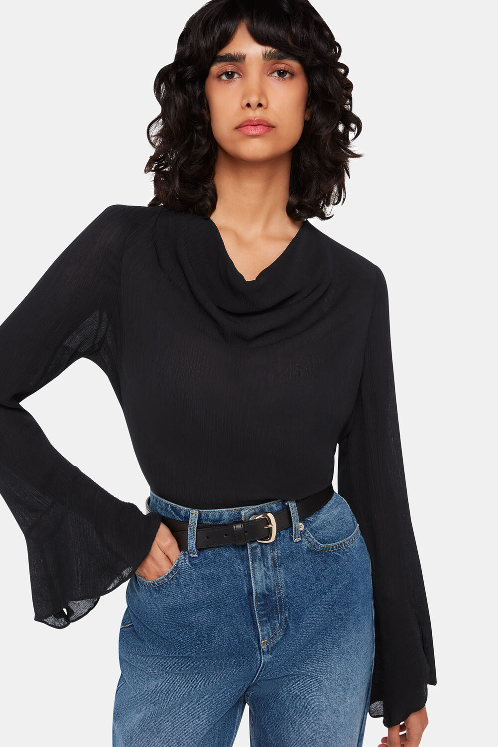 Black Pia Plisse Cowl Neck Top