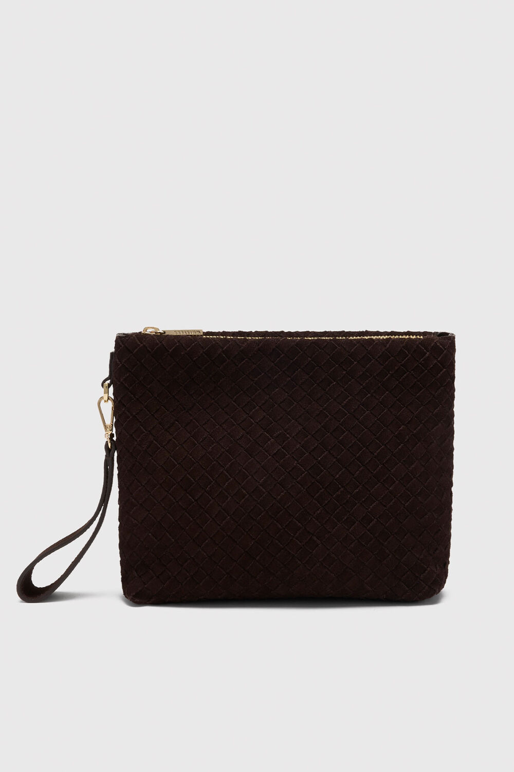Chocolate Avah Woven Suede Zip Clutch