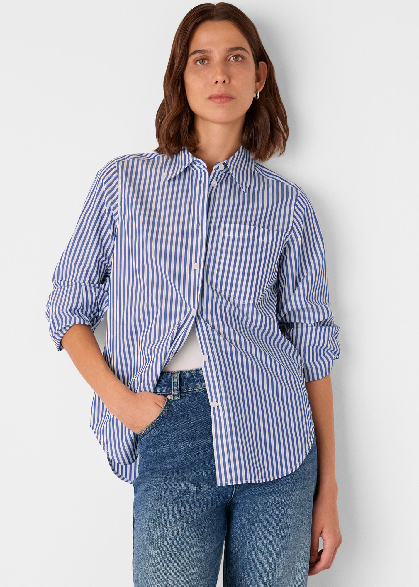 Blue/White Relaxed Fit Stripe Shirt | WHISTLES | Whistles US |