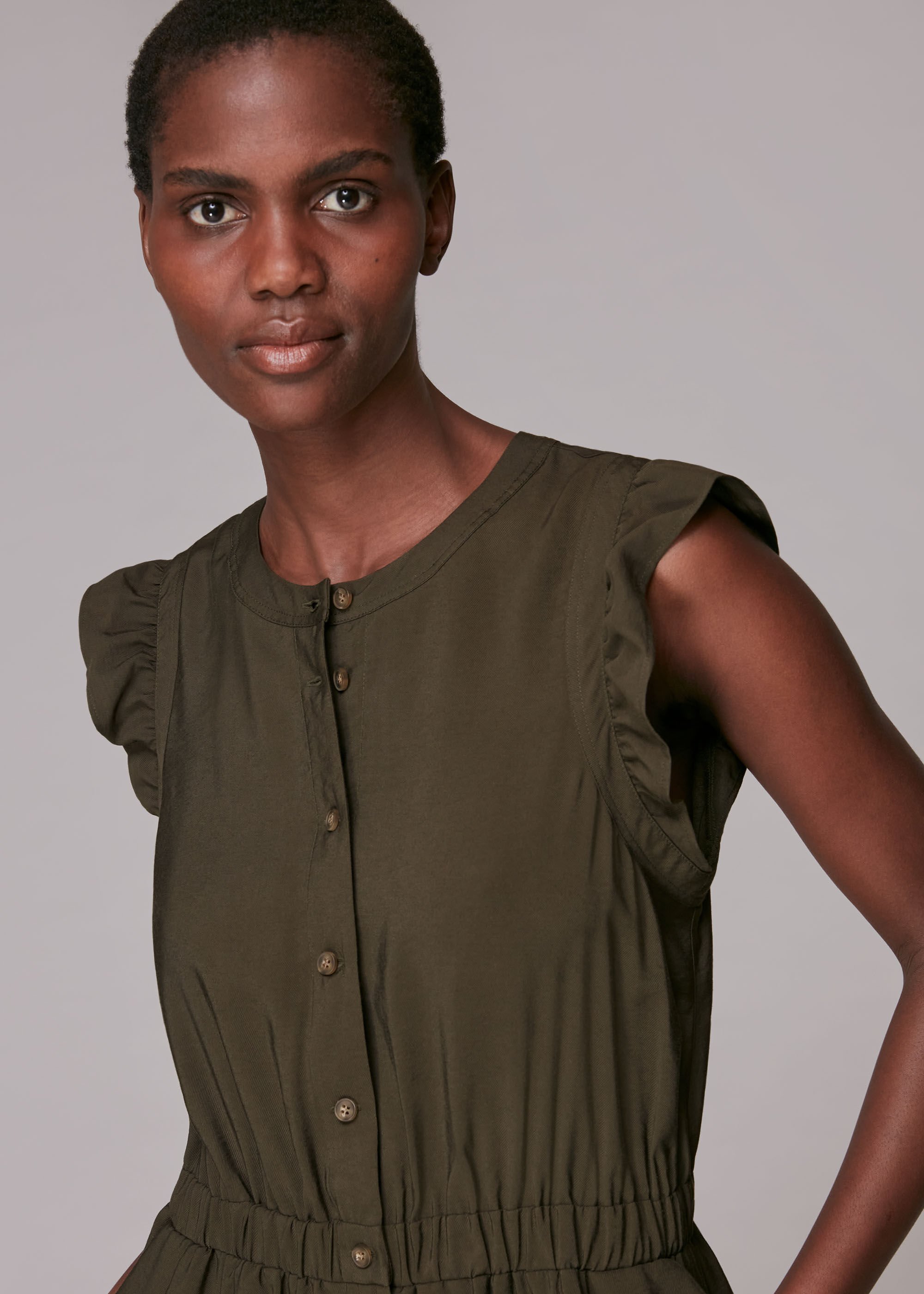 Khaki Frill Sleeve Button Jumpsuit WHISTLES