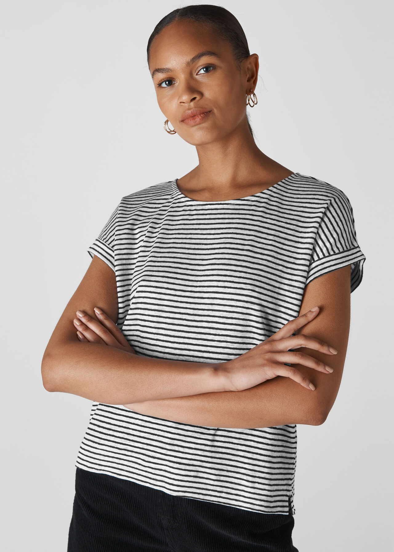 Fine Stripe Relaxed Linen Tee Black and White