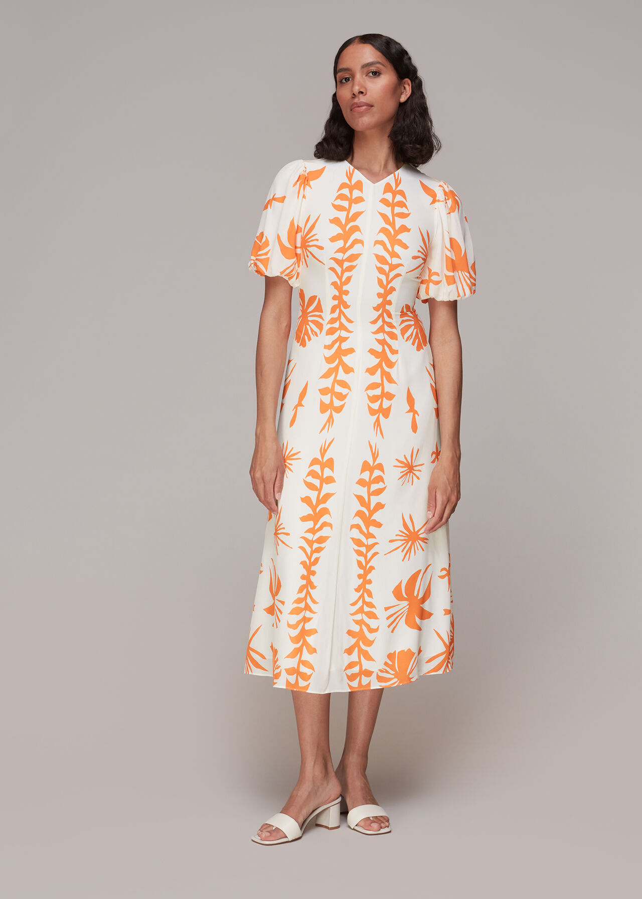 Orange/Multi Cora Big Leaf Print Silk Dress, WHISTLES