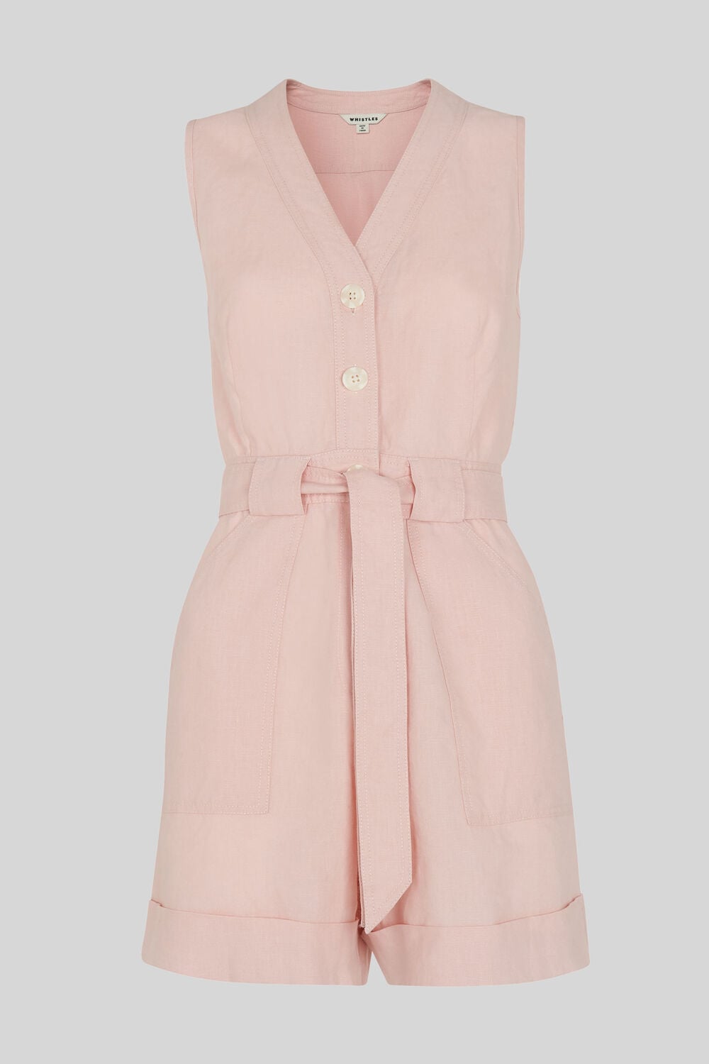 Linen Button Detail Playsuit Pale Pink