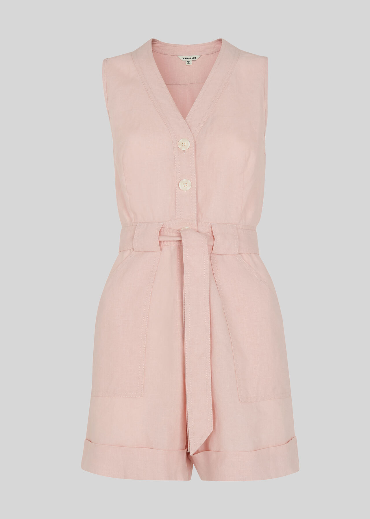 Linen Button Detail Playsuit Pale Pink