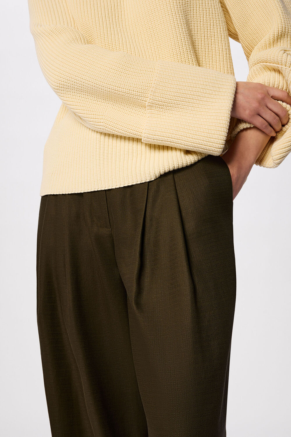 Khaki Wide Leg Hopsack Trouser