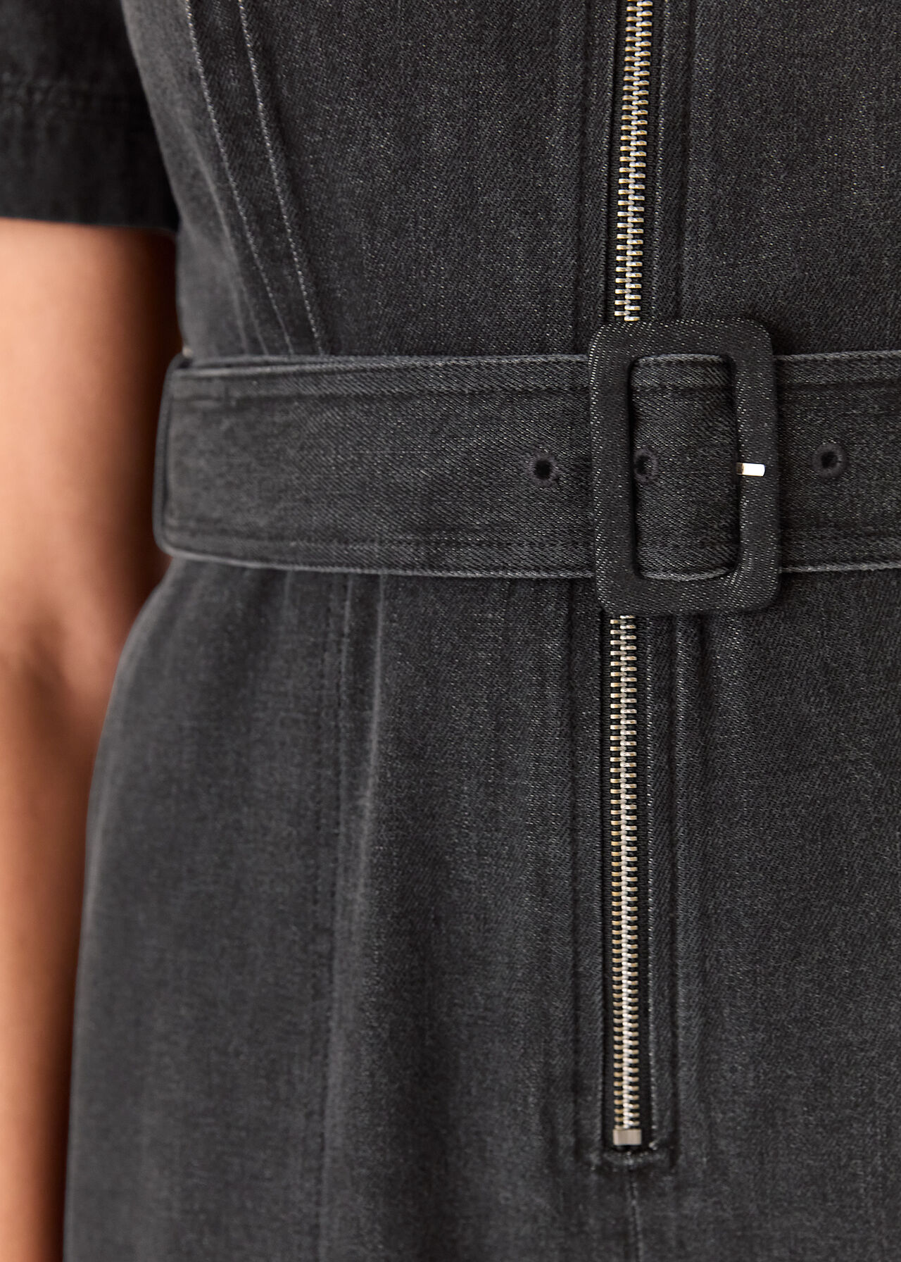 Denim Pintuck Belted Jumpsuit