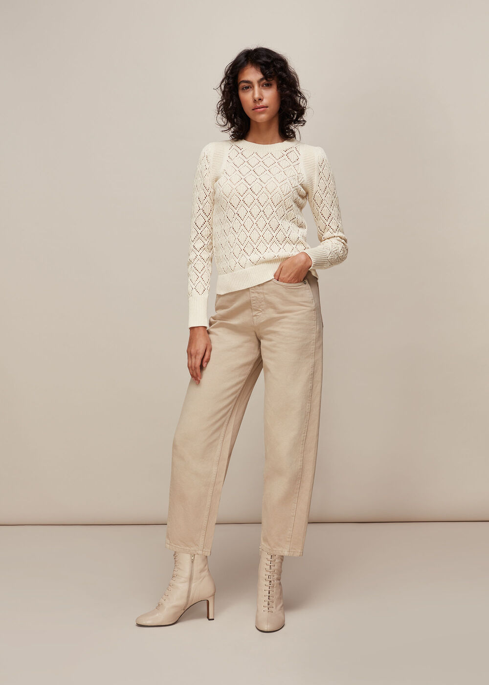 Pointelle Puff Sleeve Knit Stone