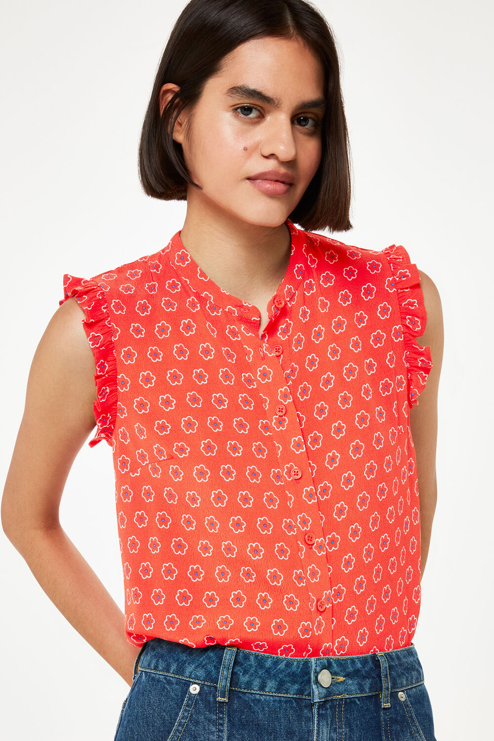 Red Flower Charm Frill Sleeve Top