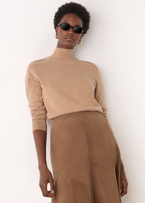 Camel Fine Wool Mix Funnel Neck Knit