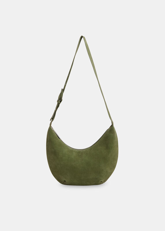 Khaki Sia Suede Curved Crossbody Bag