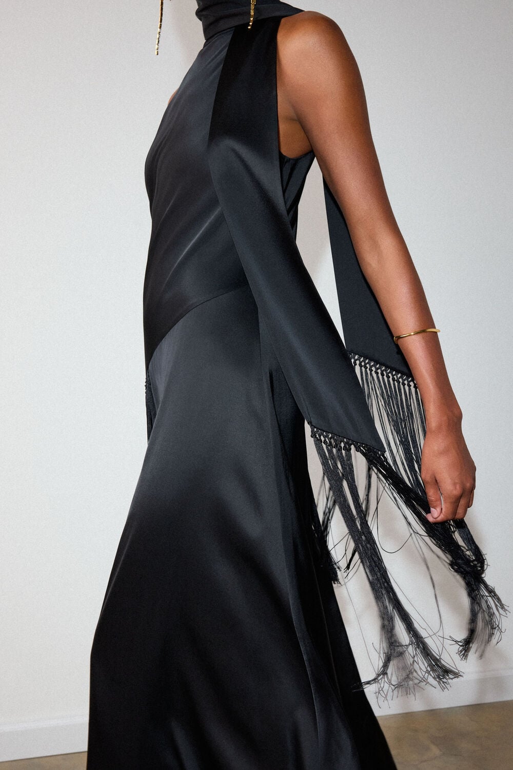 Black Fringed Scarf Detail Dress