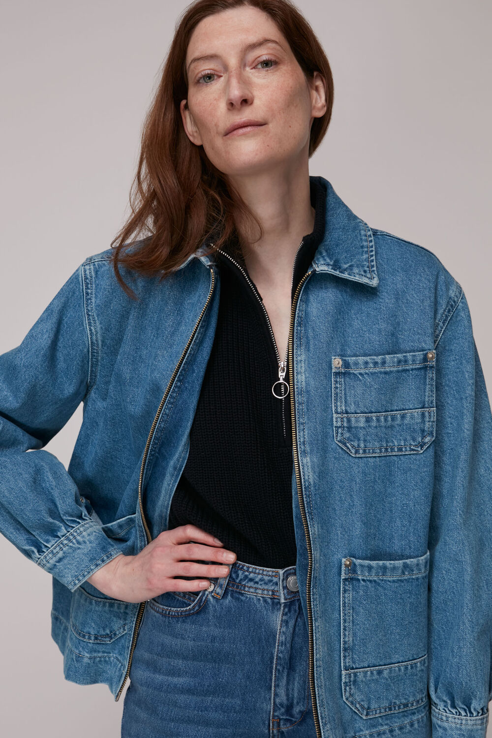 Zip Front Denim Cargo Jacket