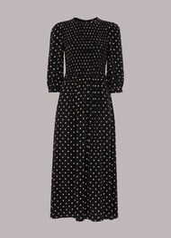 Shirred Spot Midi Dress