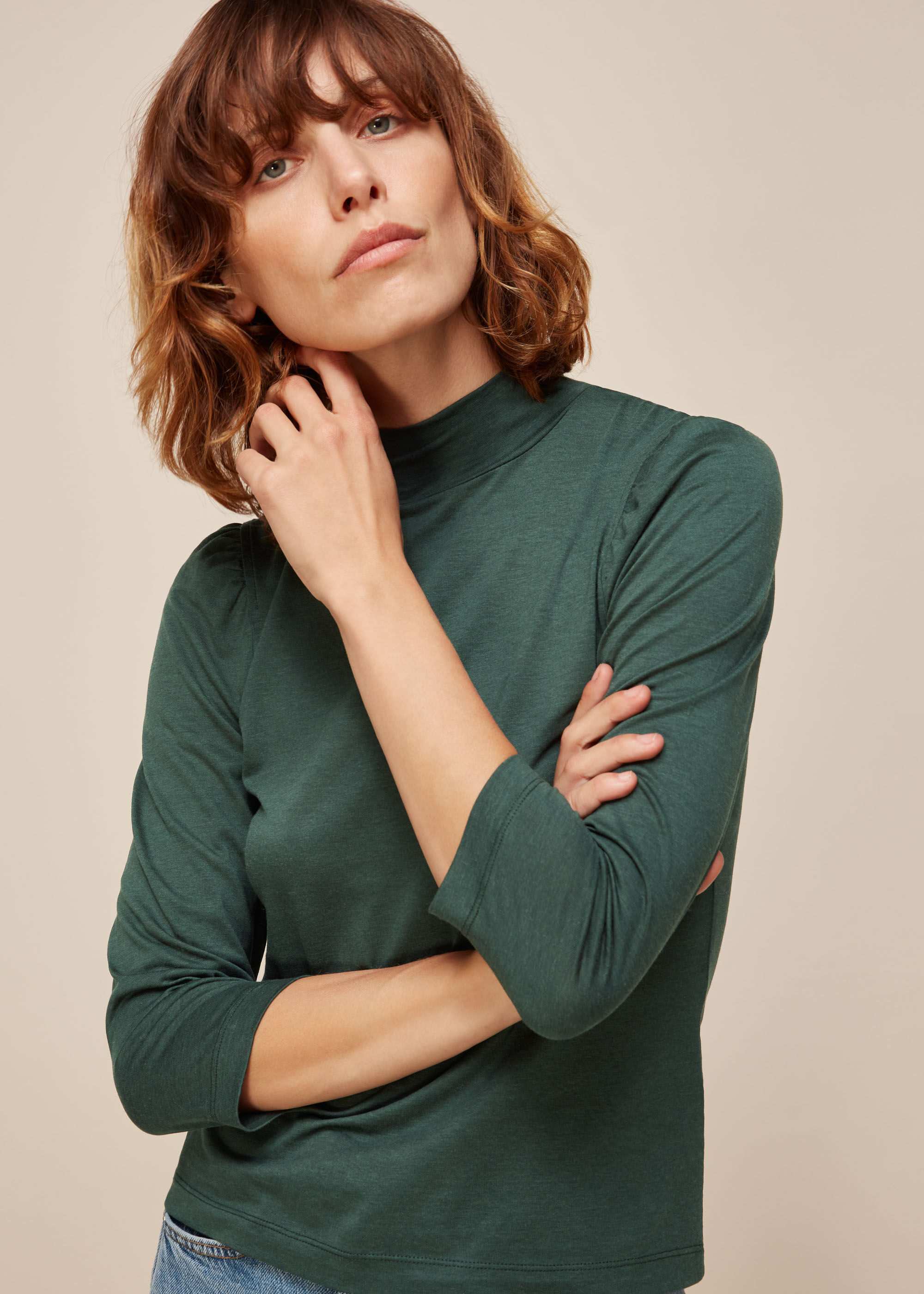 Dark Green High Neck Puff Sleeve Top WHISTLES