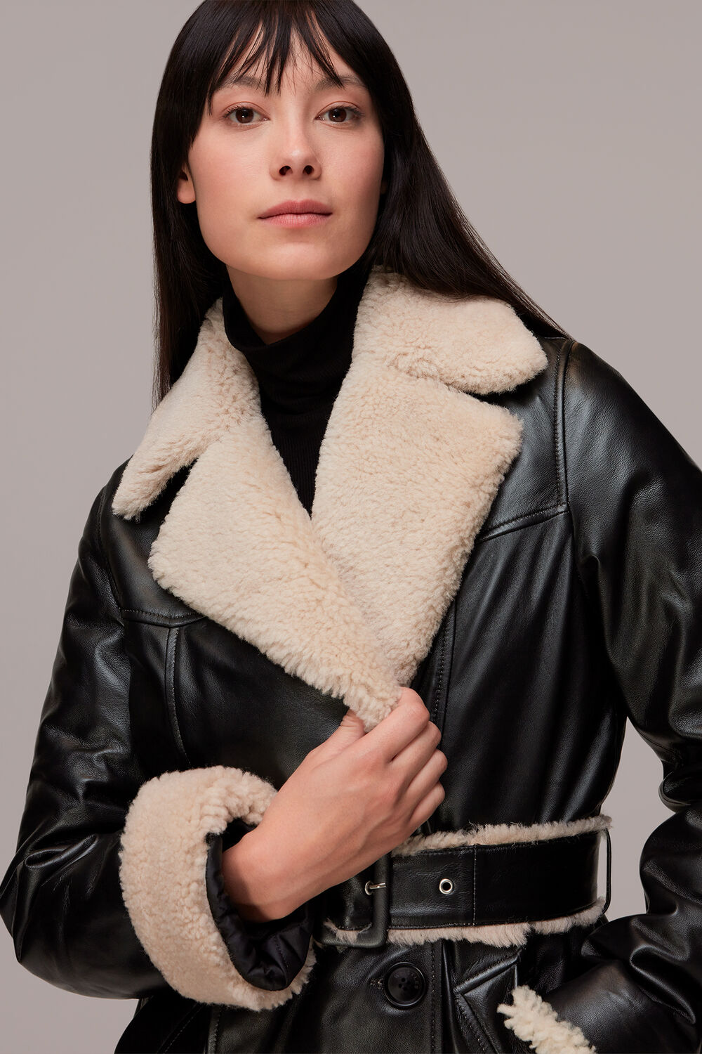 Black Maya Leather Belted Coat