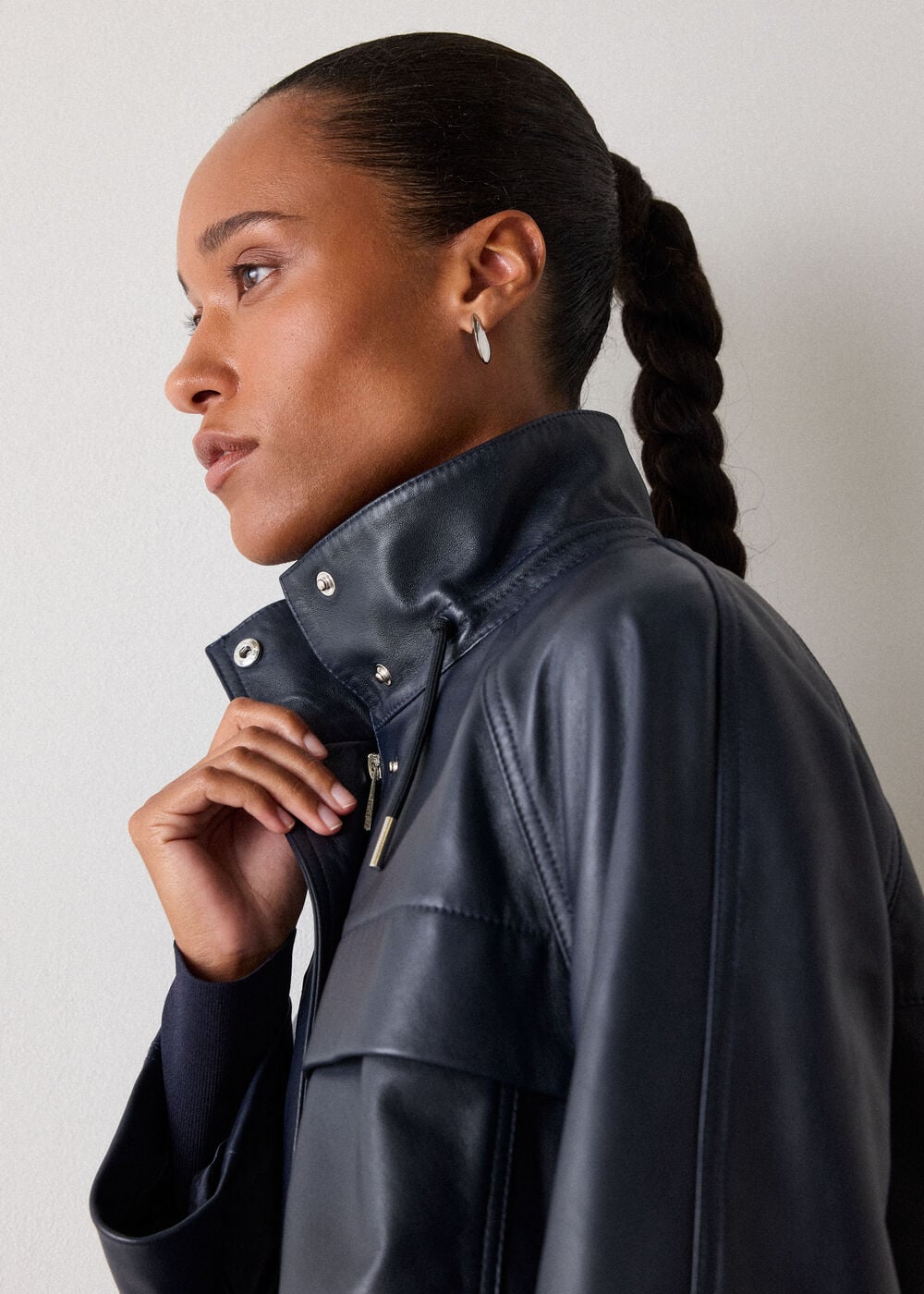 Navy Leather Funnel Neck Anorak