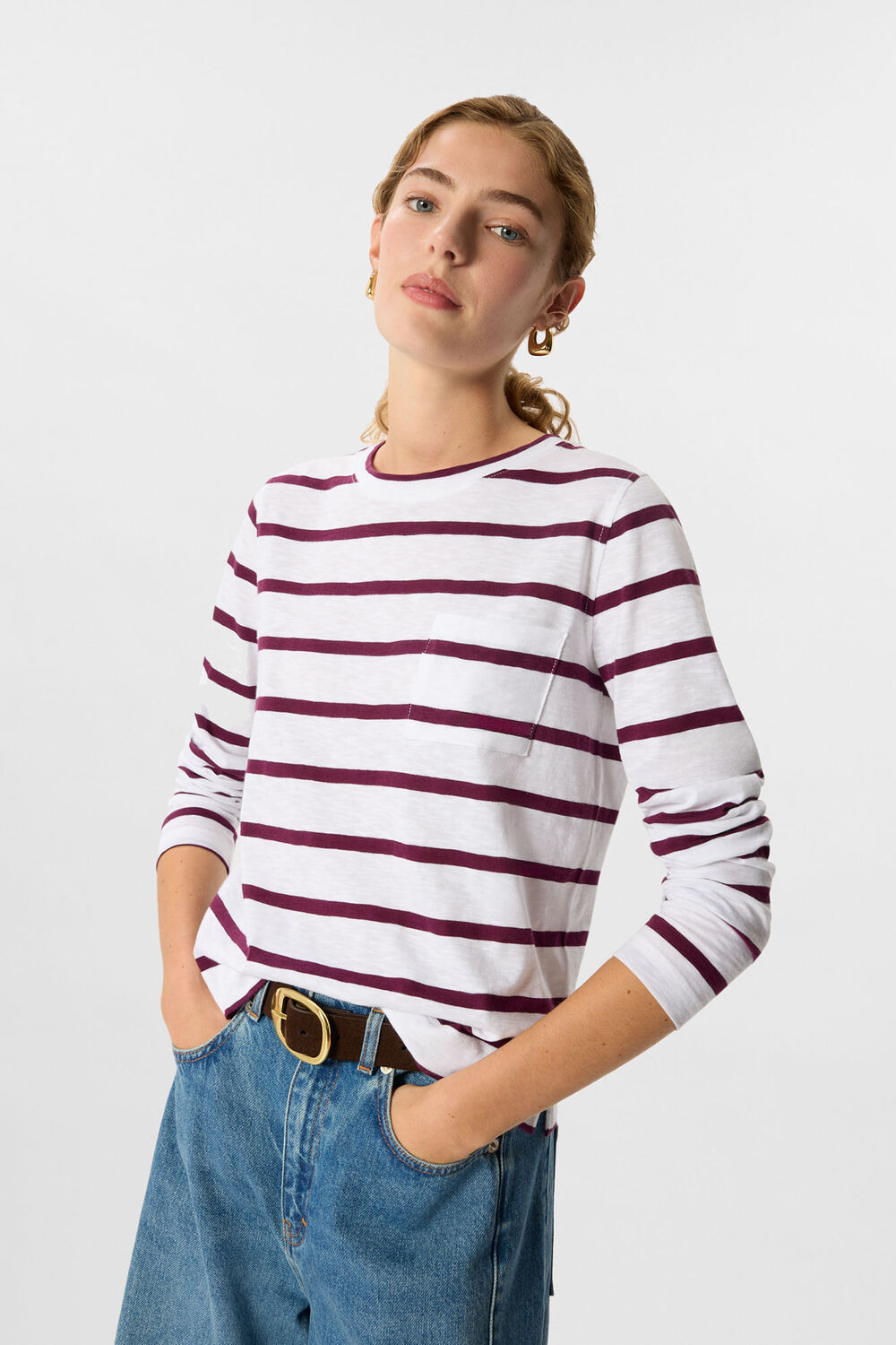 Burgundy Stripe Crew Neck Pocket Top