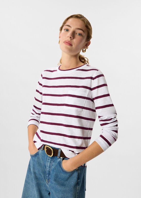 Burgundy Stripe Crew Neck Pocket Top