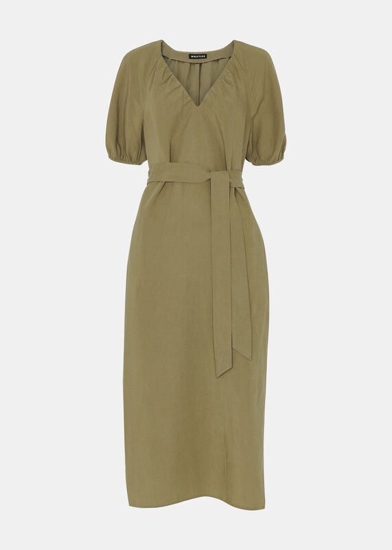 Khaki Ariella Linen Blend Midi Dress