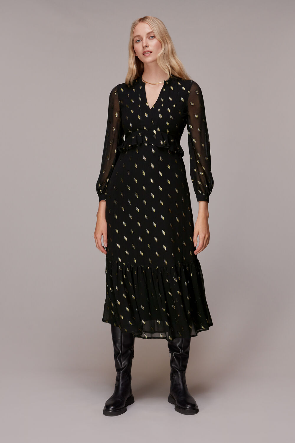Black Dobby Metallic Midi Dress
