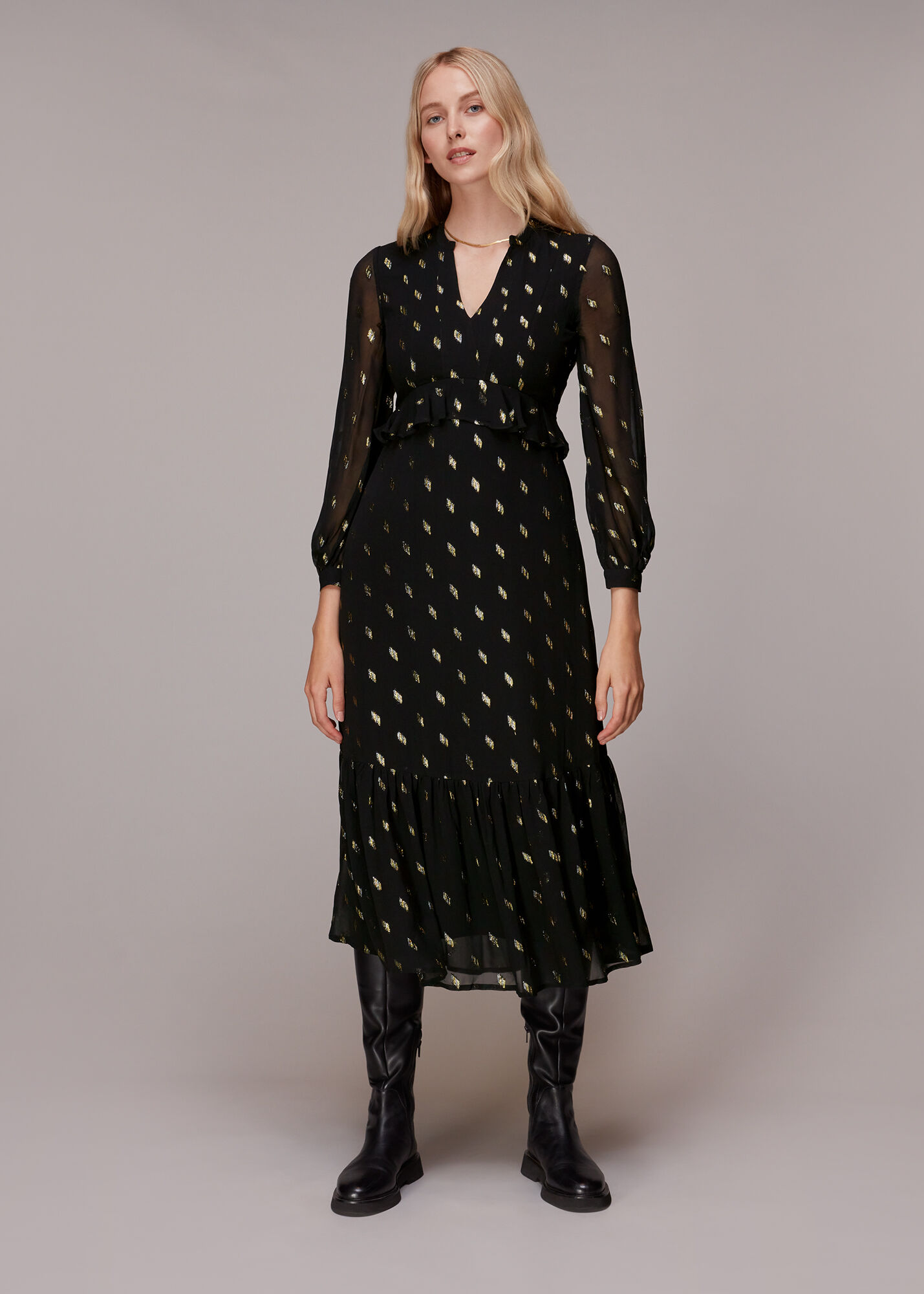 Black/Multi Dobby Metallic Midi Dress | WHISTLES