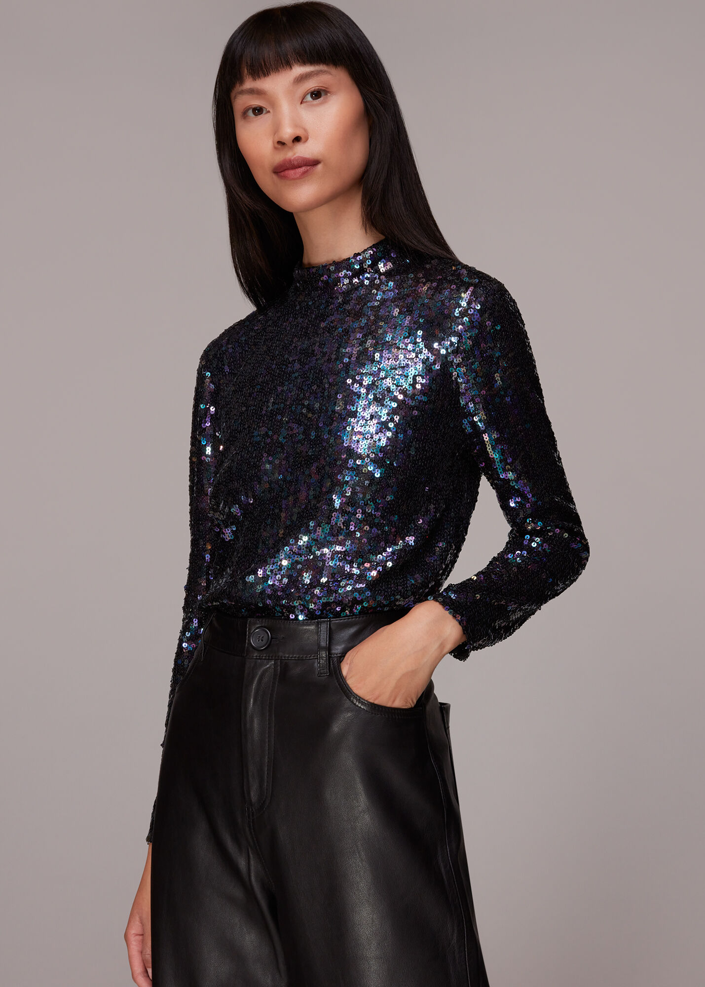 Black/Multi High Neck Sequin Top WHISTLES