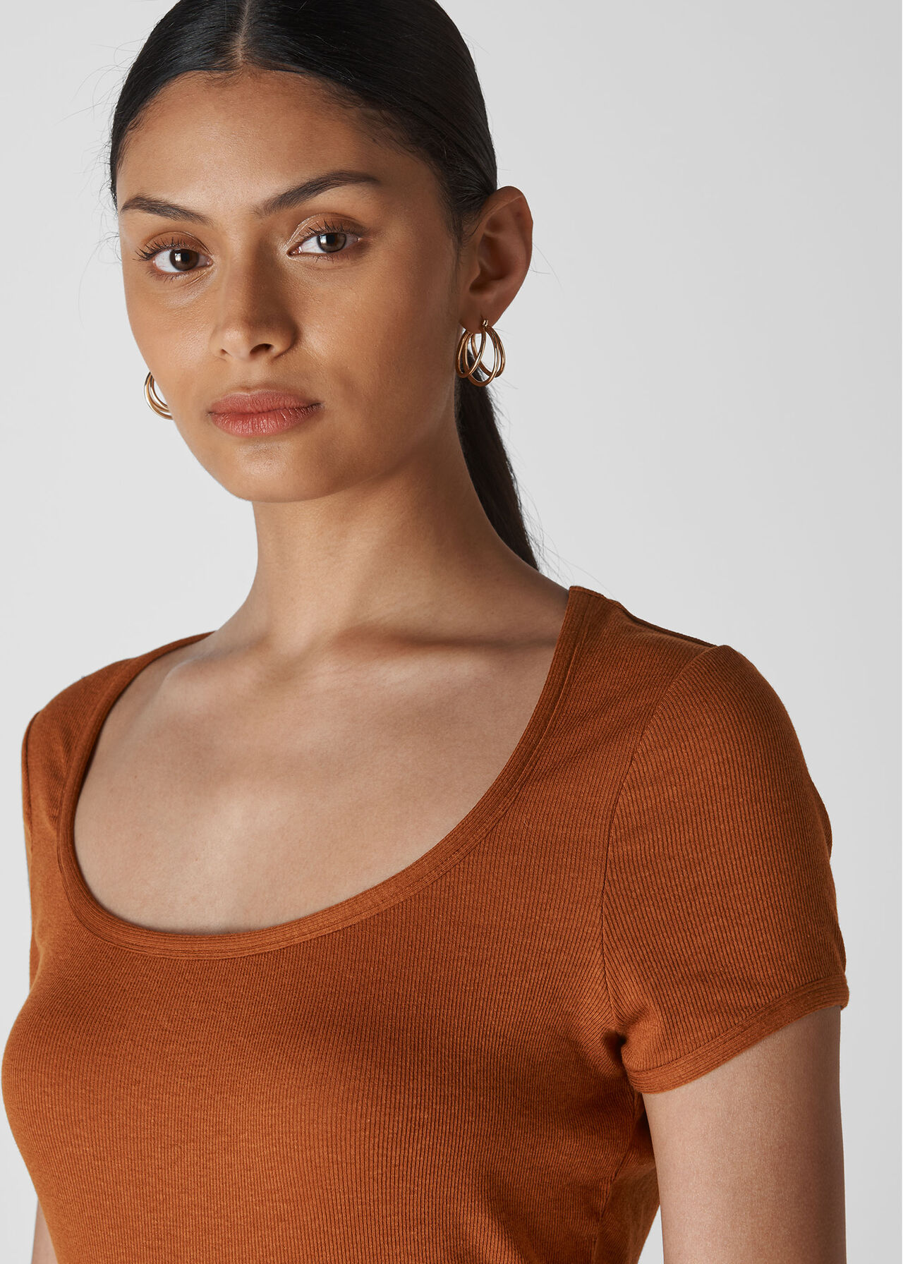 Fine Rib Scoop Neck T Shirt Rust