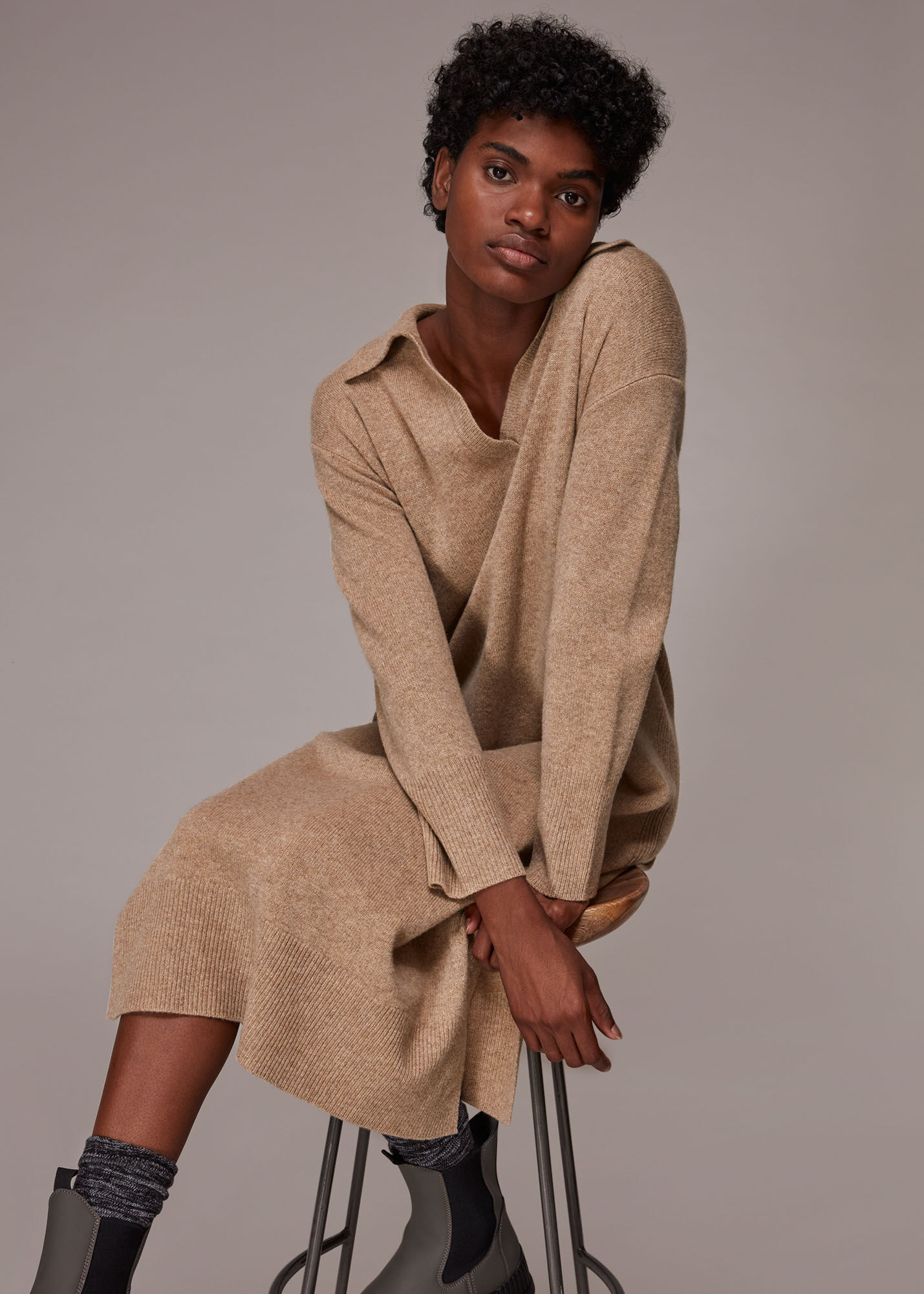 Oatmeal Collar Midi Knit Dress | WHISTLES | Whistles US |