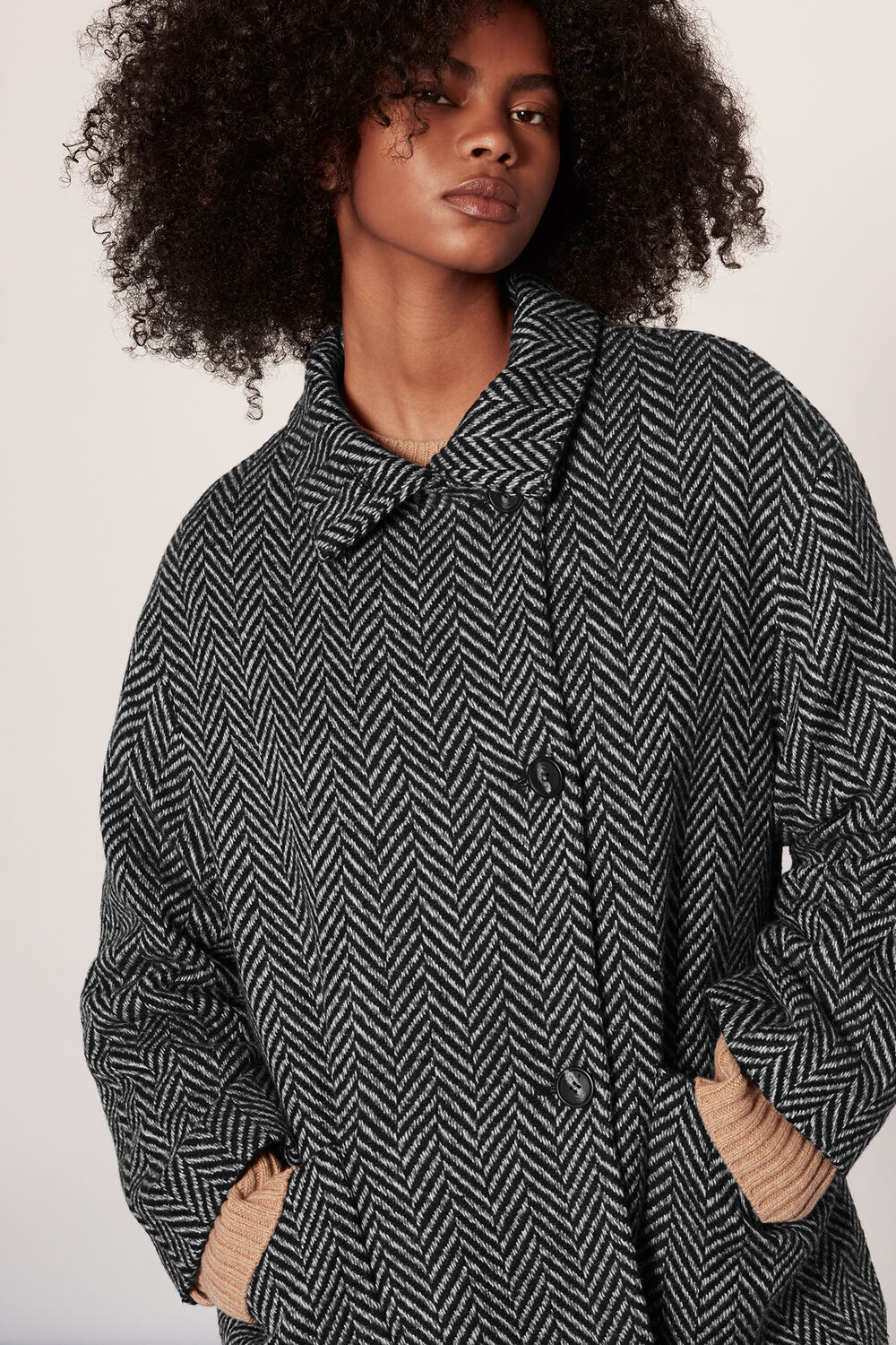 Herringbone Funnel Neck Coat