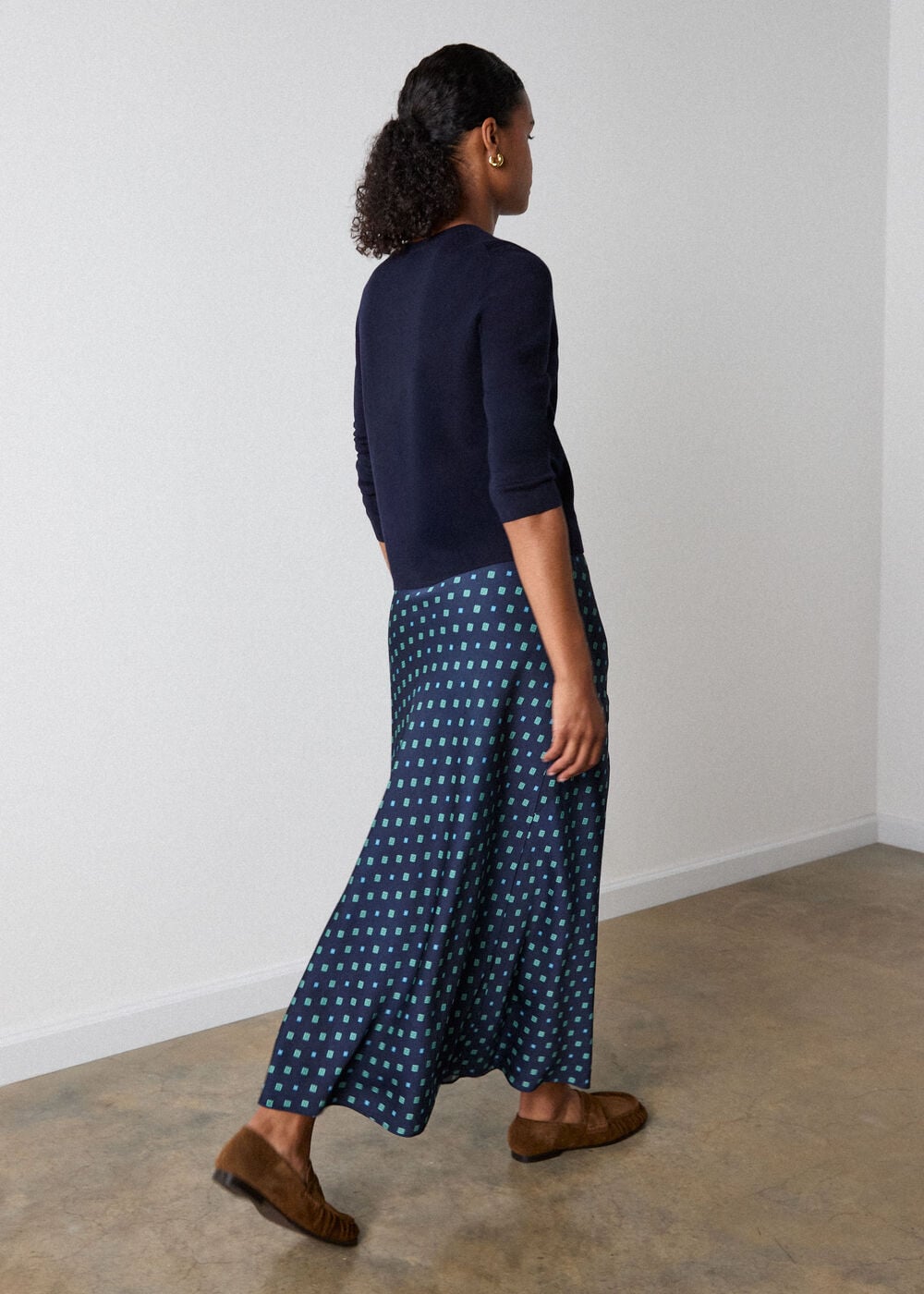 Navy Diamond Geo Twist Midi Skirt