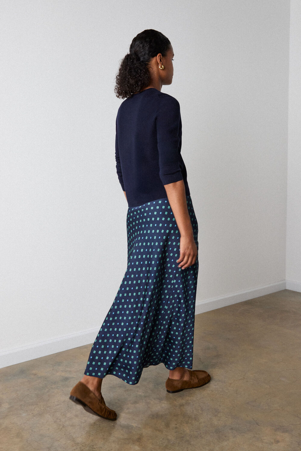 Navy Diamond Geo Twist Midi Skirt