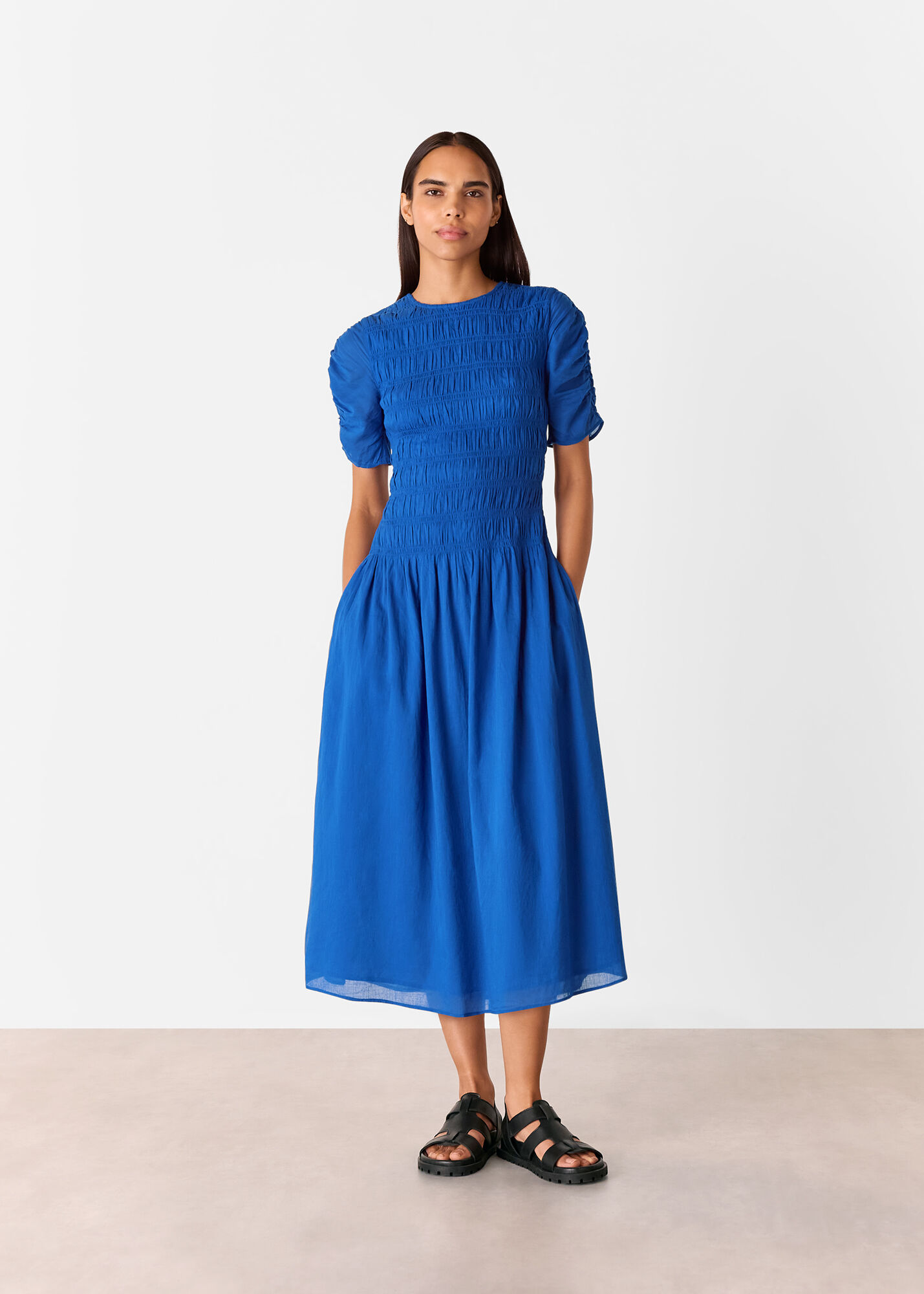 Glen Smocked Dress_ Blue