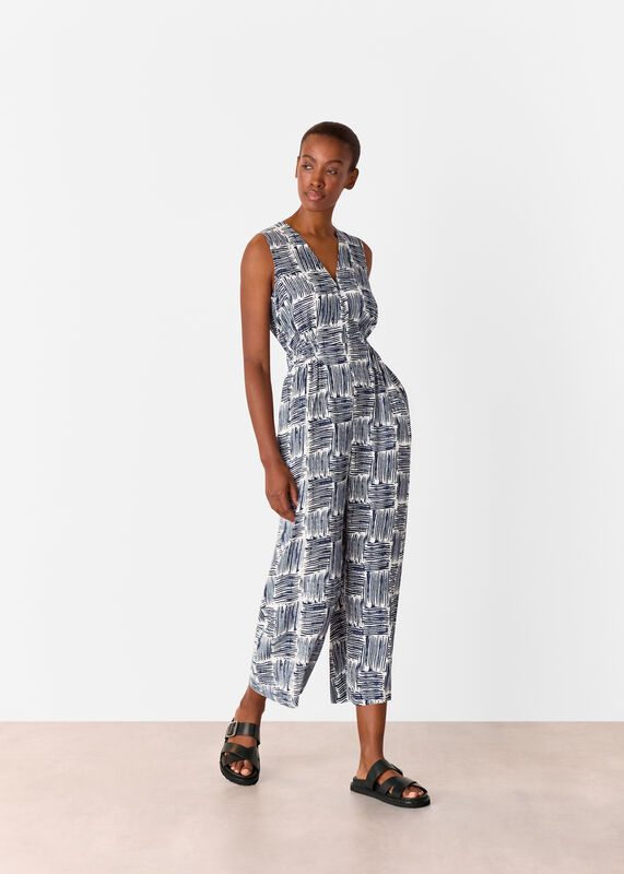 Navy Hatch Squares Jumpsuit