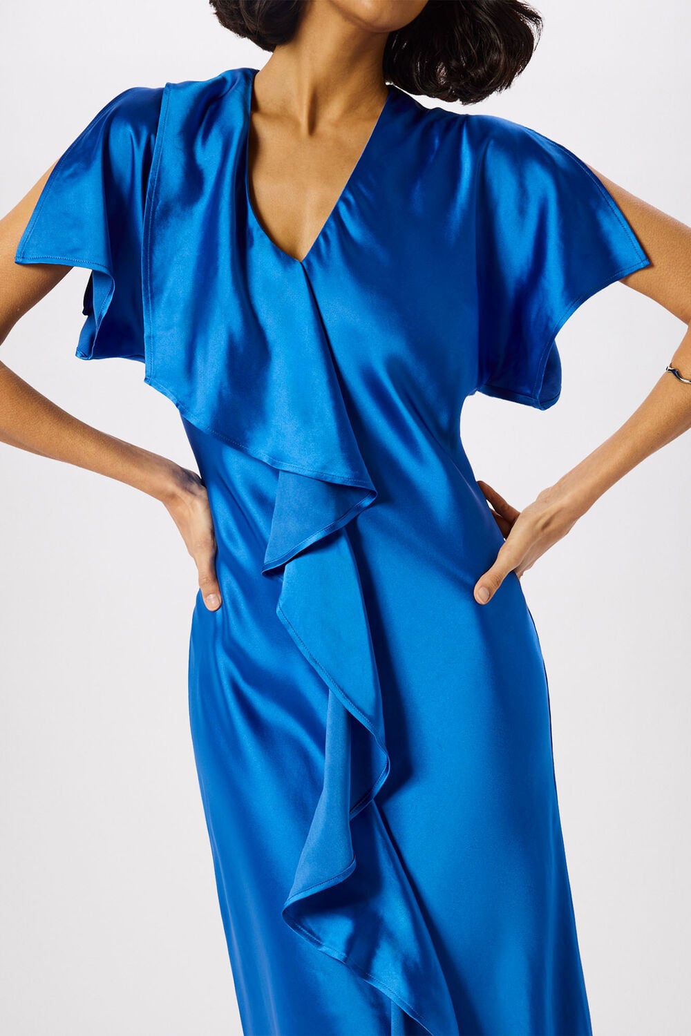 Blue V Neck Ruffle Satin Dress