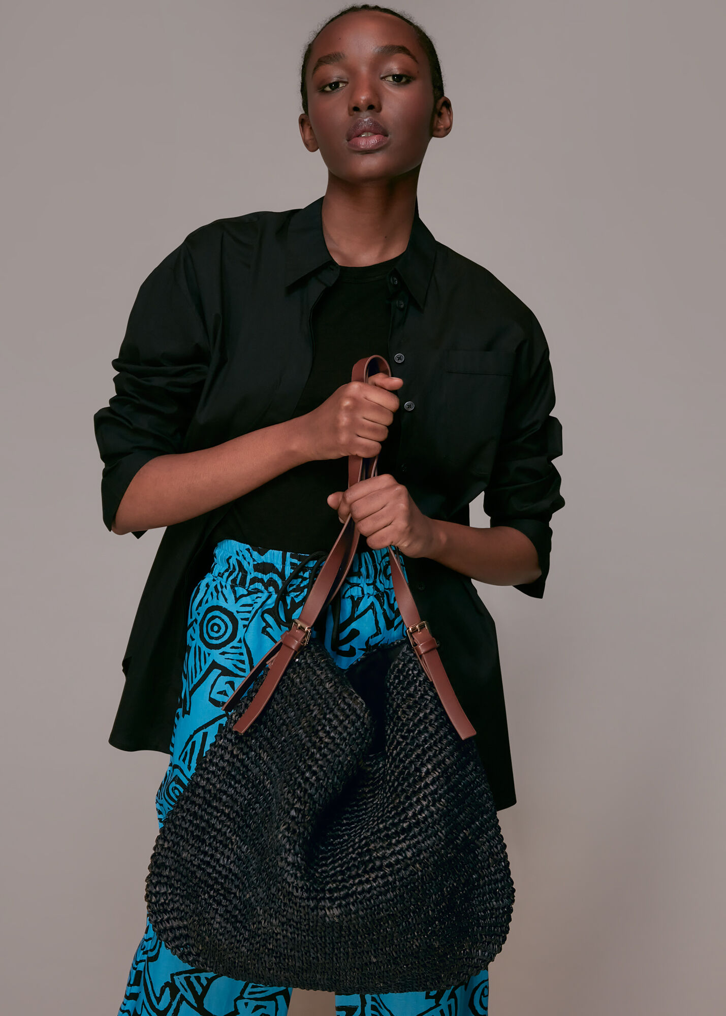 Black Aria Straw Shoulder Bag WHISTLES