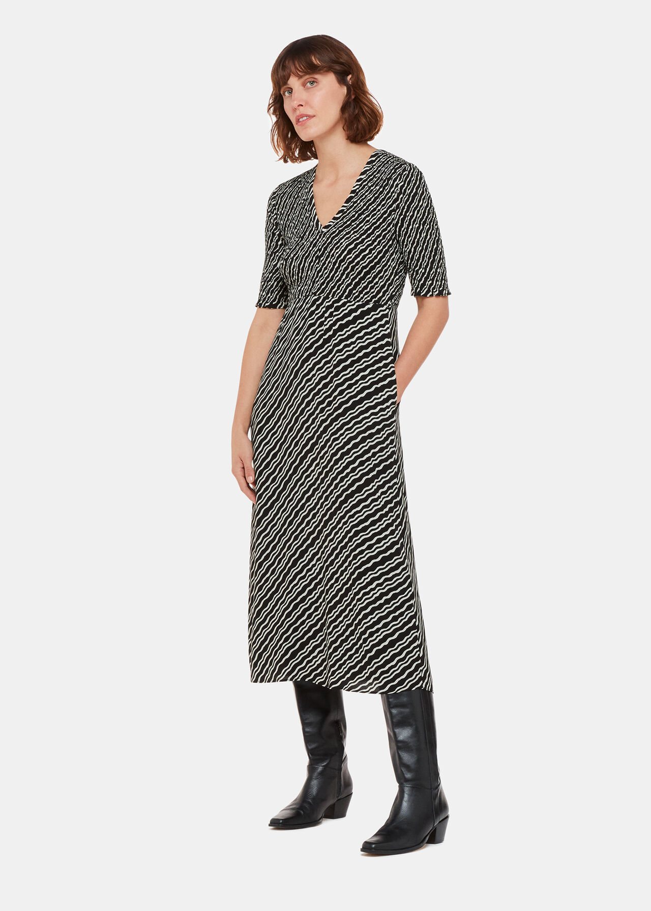 Black/Multi Diagonal Ripple Shirred Dress WHISTLES Whistles UK
