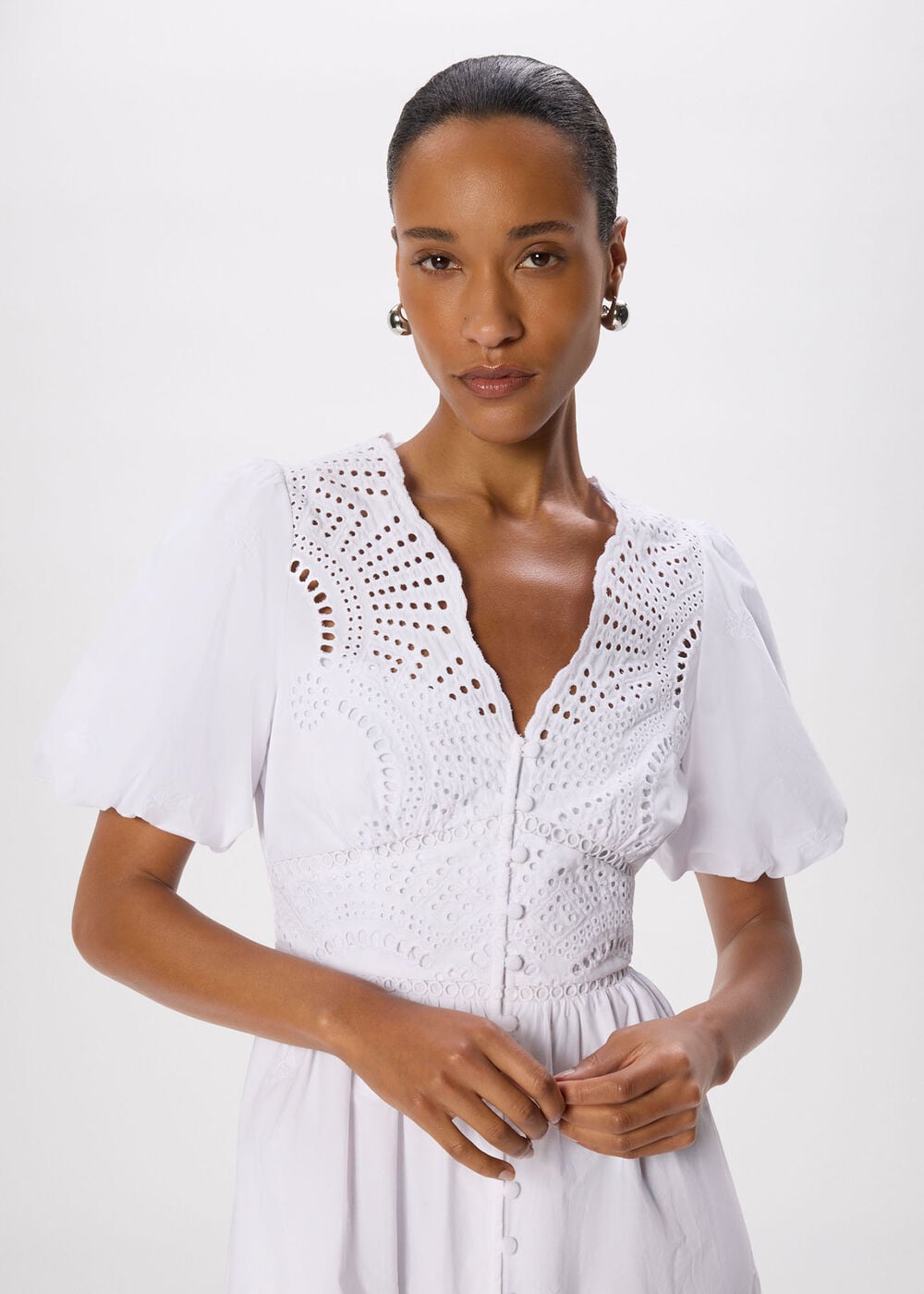 Cotton Broderie V Neck Dress