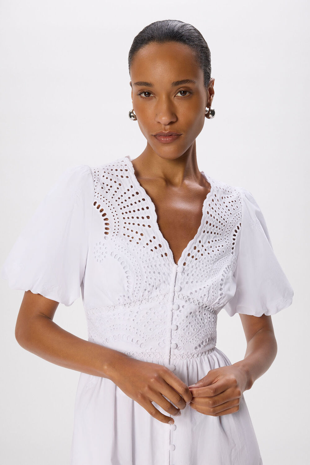 White Cotton Broderie V Neck Dress